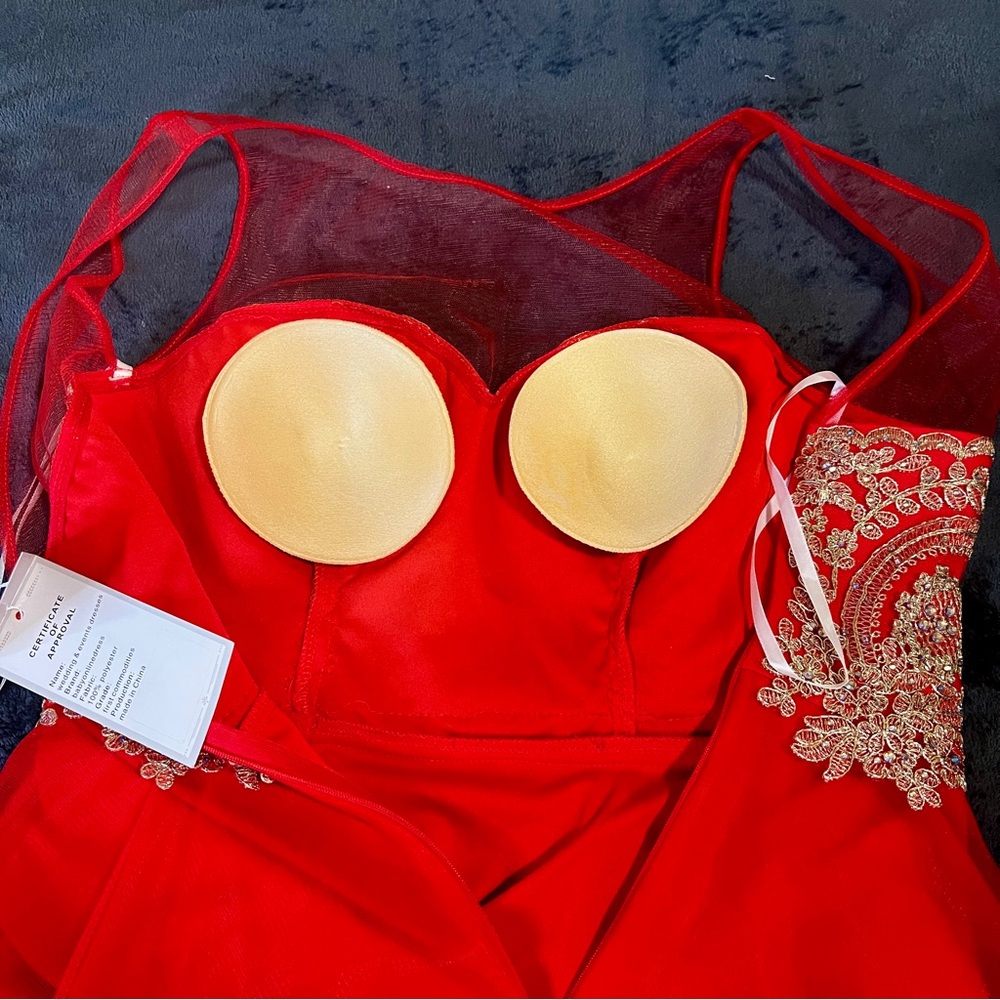 New Babyonline Wms Red Gold Floral Appliqué Embroidery Fit&Flare‎ Party Dress XS - Picture 8 of 13